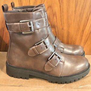 SO Women's Broccoli Lace Up/Zipper Combat Boots Brown Cognac Size 9.5